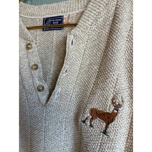 Vintage 90s Peconic Bay Henley Deer Embroidered Long Sleeve, Large USA - Picture 4 of 6